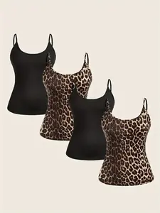 Women's Solid Color & Leopard Print Fitted Cami Top, Casual Sleeveless Top for Summer, Ladies Clothes for Daily Wear, Spaghetti Strap