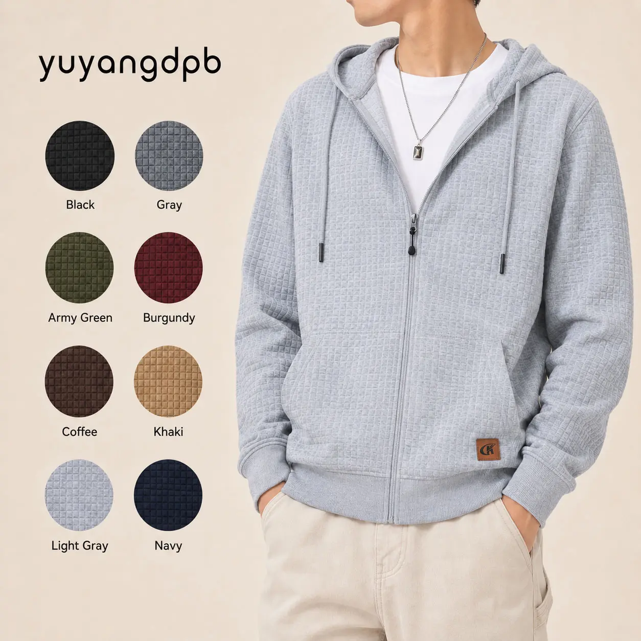 Waffle Knit Hoodie for Men, Lightweight Full-Zip Relaxed Fit Hooded Jacket with Drawstring and Side Pockets, Back to School Campus Casual Streetwear, Mens Clothing, Spring Fall Layering Hoodie
