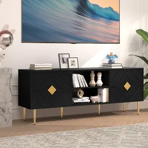 Aesthetic 63 Inch TV Stand for Living Room, Modern Entertainment Center with Storage Cabinets & Open Shelves, Perfect for Bedroom & Home Office, Stylish Media Console for Organizing TV Accessories, Sturdy & Space - Saving Furniture