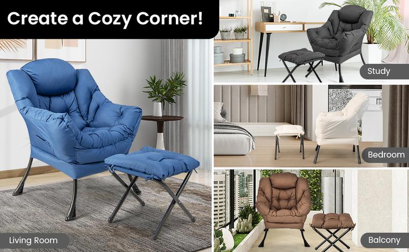 Costway Lazy Chair with Ottoman, Accent Sofa Chair with Folding Footrest, Side Storage Pocket, Upholstered Leisure Lounge Armchair with Stool for Bedroom, Living Room, Office, Christmas Festival Gift Black Friday Cyber Monday