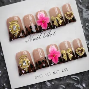 10pcs Y2K Leopard Print Short Stiletto Fake Nails, Handmade 3D Floral Brown Manicure, Leopard Print Design With Rhinestones, Hearts, Crowns, And Bows Decor, Suitable For Parties, Galas, And Daily Wear, Great Gift For Women And Girls Press On Nails