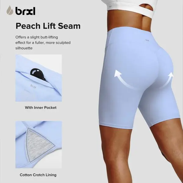 BRXL Women's Biker Shorts, 8" Ruched High Waist with No Front Seam and Inner Pocket for Gym Workouts & Active Play, Athletic Sport Shorts, Compression Shorts