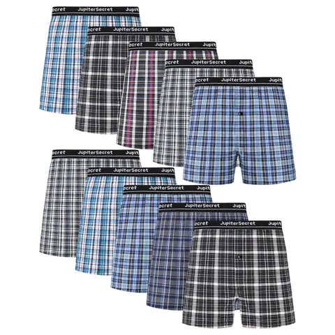 JupiterSecret 10-Pack Men's Plaid Woven Boxer Shorts Underwear, Soft Breathable Cotton Blend, Button Fly, Exposed Elastic Waistband, Assorted Colors