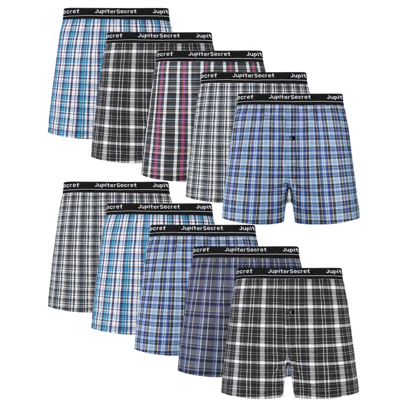 JupiterSecret 10-Pack Men's Plaid Woven Boxer Shorts Underwear, Soft Breathable Cotton Blend, Button Fly, Exposed Elastic Waistband, Assorted Colors
