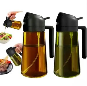 2-Pack 2 in 1 Oil Sprayer and Dispenser Bottle for Cooking, 16oz Premium Dark Green Glass Olive Oil Bottle, Food-Grade UV-Blocking Oil Mister for Kitchen, Air Fryer, BBQ