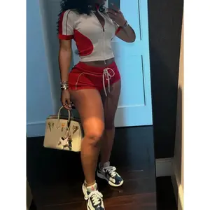 sweatsuit Women Sets Outfit Summer Streetwear Panelled Two Tone Slim Sports Short Sleeve Shorts Suits Zip Crop Tops Casual 2 Two Piece Set Clothes Womenswear