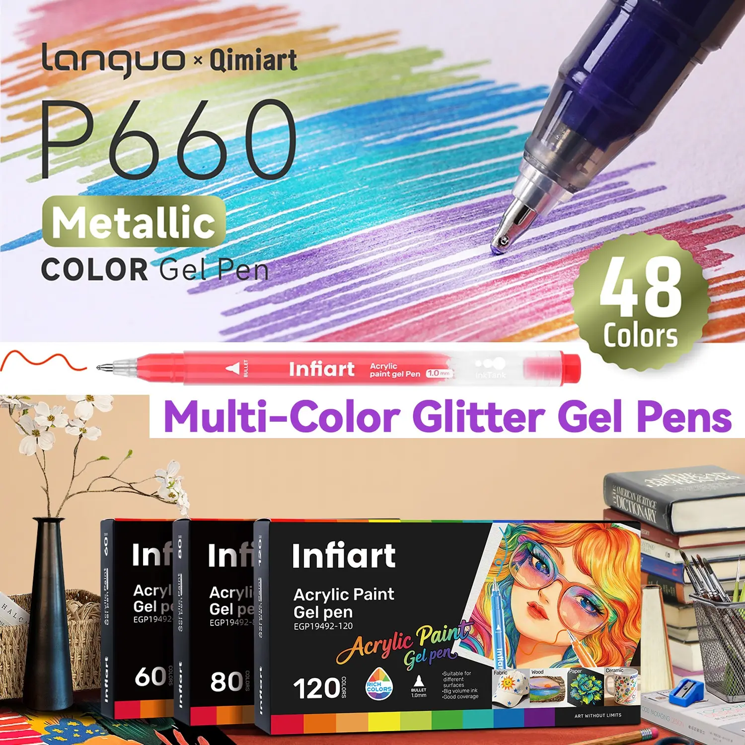 Acrylic Painting Gel Pens Set, 48 & 60 & 80 & 120 Colors, Ultra Large Capacity, 1mm Bullet Tip, Ideal for Artists & Beginners, Glitter Gel Pens, Art Drawing Supplies, Coloring Supplies, Art School Supplies