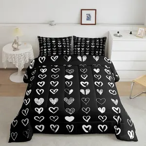 Heart Love Bedding Set,Rotic Love Pattern Designer Comforter Set,Valentine's Day Comforter,Black and White Lightweight Duvet Set