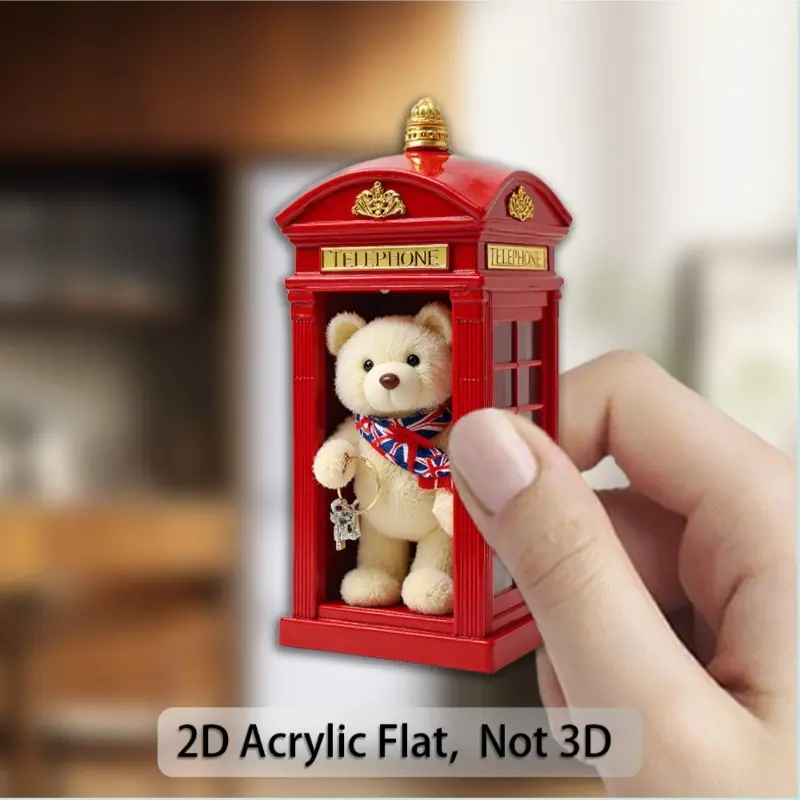 British red phone booth magnet with plush teddy bear keychain & Union Jack ribbon. Iconic souvenir for British culture fans & royal collectors. Acrylic & rubber, 2D flat design