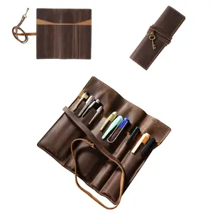 Genuine Leather Pencil Roll - Pen and Pencil Case，3 Open-End Pockets for Long Pens, Sturdy Strap, Fold-over Flap(cooffe)