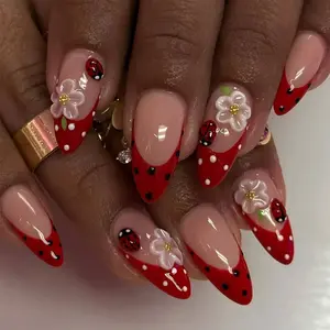 24pcs Almond Shape Polka Dot French Press Nails, 3D Gel Petal & Ladybug Decor, Acrylic False Nails Set, Includes Jelly Glue & Nail File