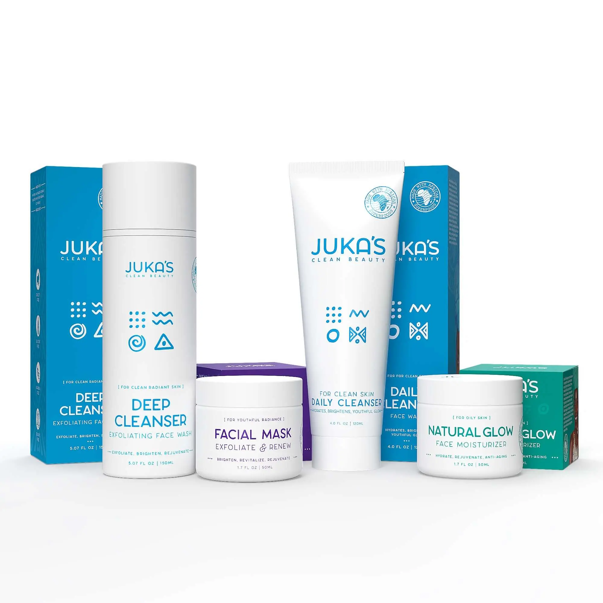 Juka's Natural Glow Kit - For Oily & Acne Prone Skin. Includes Deep Cleanser (Exfoliating Face Wash) Daily Cleanser (Hydrating Facial Cleanser), Facial Mask (Rejuvenating) & Natural Glow Moisturizer (Hydrating & Controls Oil)