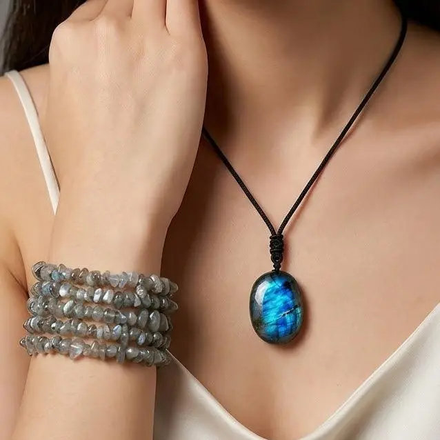Natural Labradorite Jewelry Set with Oval Pendant Necklace & Chip Stone Stretch Bracelet, Whimsigoth Boho Crystal with Blue Flash, Unisex Gift, Clean Girl, Raw Chips, Oval Focal, 100% Authentic Natural Labradorite Gemstones, Adjustable Cord, Cosmic Wear,,