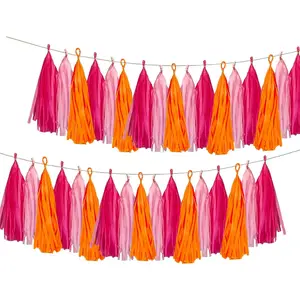 Hot Pink and Orange Paper Tissue Tassel Garland Banner for Party Decorations, 15 Pcs