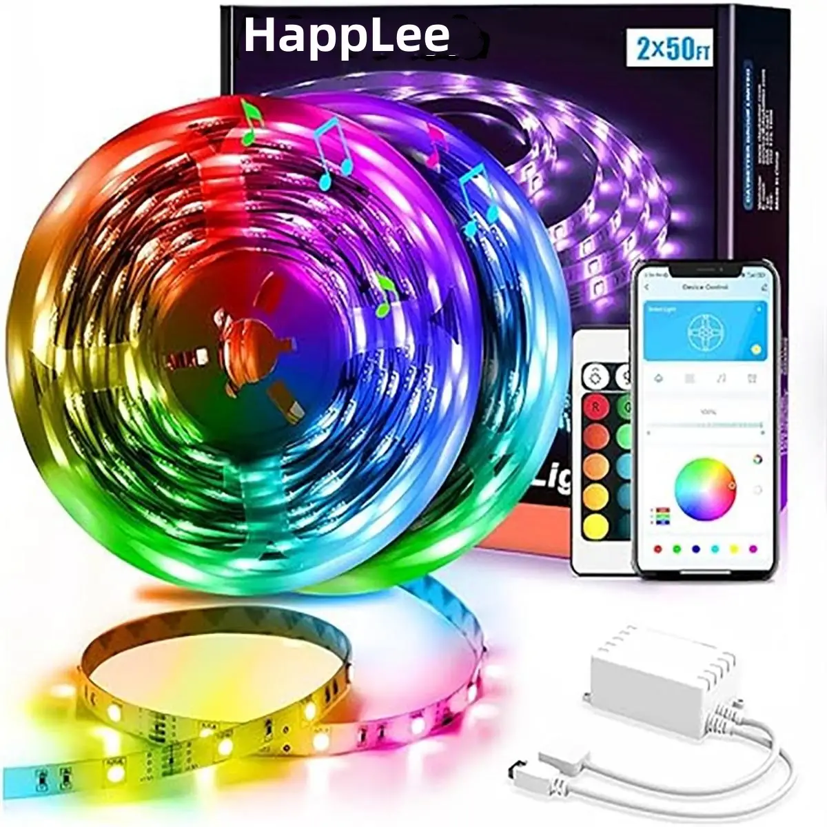 HappLee LED Strip Lights Smart with App Control Remote, 5050 RGB for Bedroom, Music Sync Color Changing for Valentines Decor Room Party 100ft (2 Rolls