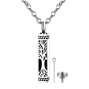 OIDEA Stainless Steel Unisex Engraved Minimalist Memorial Necklace - Openable Rectangular Tree of Life Hollow Heart Cylinder Keepsake Pendant, Waterproof Personalized Sentimental Daily Wear Jewelry, Engraved Necklace, Daily Wear Necklace,summervibes