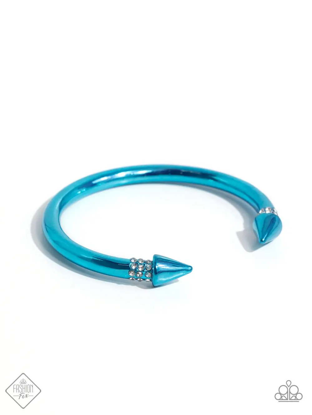 Punky Plot Twist - Cuff Bracelet - Metallic Curved Bar Band Ends with White Rhinestones and Spikes