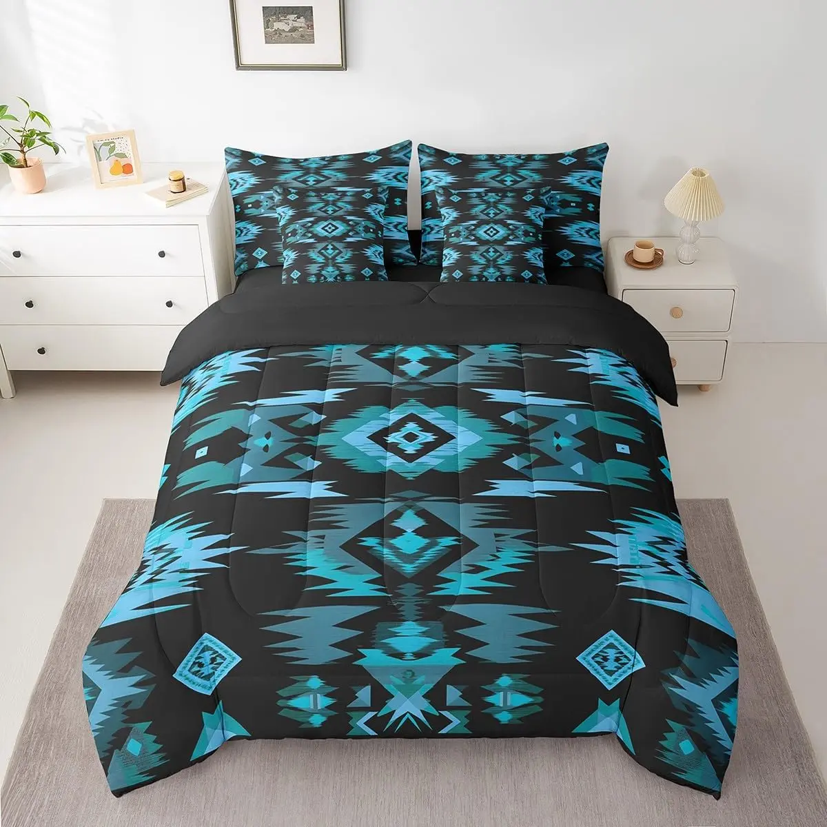 Feelyou 7-Piece Blue Black Southwestern Tribal Native American Indian Bedding Set with Sheets, Exotic Farmhouse Bed-in-A-Bag, Bedroom Decorative Bedding Set, Bedroom Bedding Set