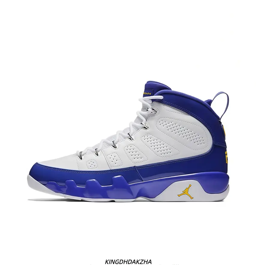 Men White Royal Blue Yellow Leather High Top Retro Basketball Sneakers, Shock Absorbing Non Slip Athletic Shoes For Training And Daily Streetwear