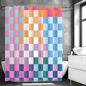 Retro Checkered Shower Curtain Colorful Geometric Modern Rainbow Minimalist Groovy Simple Bright Aesthetic Home Bathroom Decor Waterproof Fabric with Plastic 12PCS Hooks