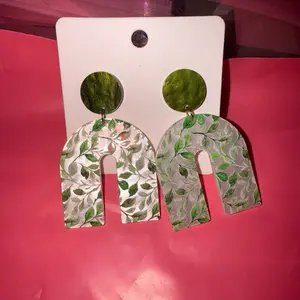 Custom Made Earrings with Green Leaf Design and Round Topper for Stylish Accessory
