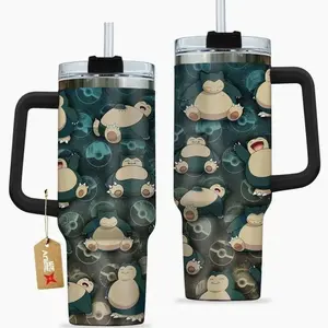 [Sip40 Otaku] Snorlax 40oz Tumbler With Handle – Anime Gaming Stainless Steel Cup, Snorlax Sleepy Graphic Tumbler, Double Wall Iced Coffee Cup, Cute Style Drinkware, Gift for Anime & Gaming Fans