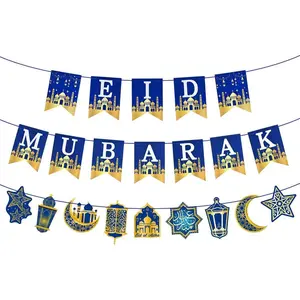 Eid Mubarak Banner Decorations, Pre-tied Eid Mubarak Bunting Banner Party Supplies for Home Outdoor Umrah Mubarak Party Decor Moon Star Garland