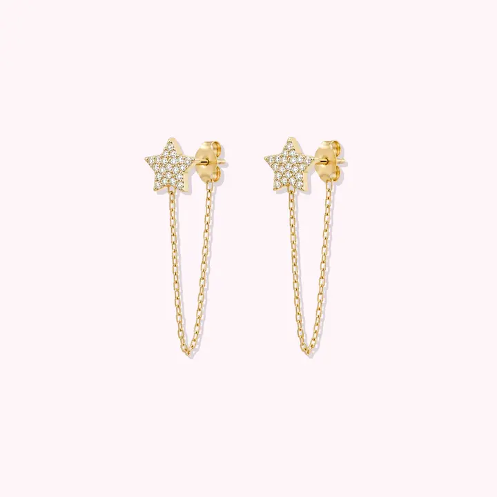 14K Solid Gold Star Chain Earrings