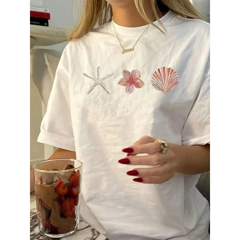 Women Casual Starfish & Shell Print Round Neck Short Sleeve T-Shirt White Summer