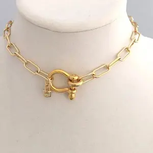 Carabiner Chain choker Necklace with Padlock Charm in gold - chunky