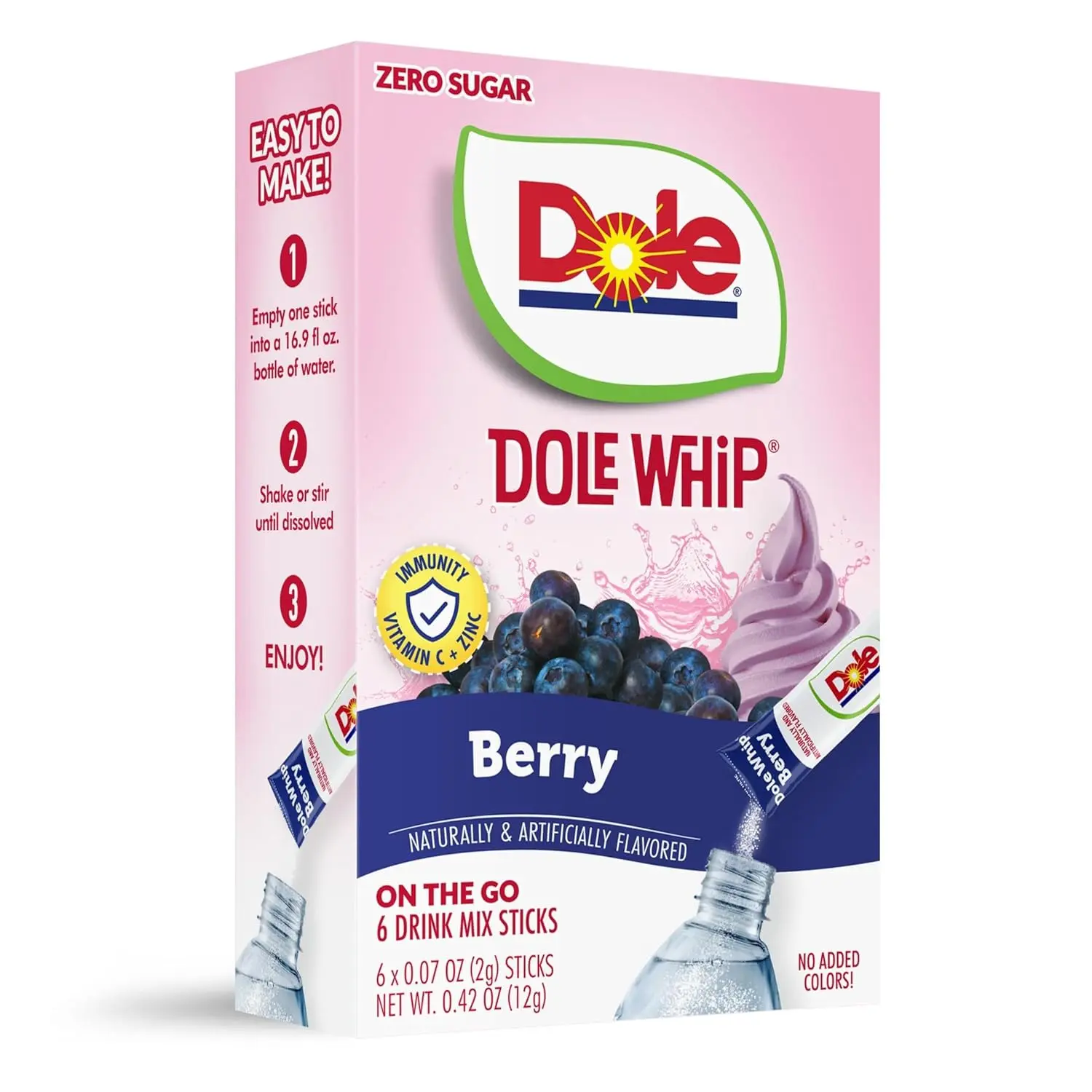 Dole Whip Berry Water Enhancer Packets | Zero Sugar Powdered Drink Mix, On the Go Flavored Water Sticks (6 Count)