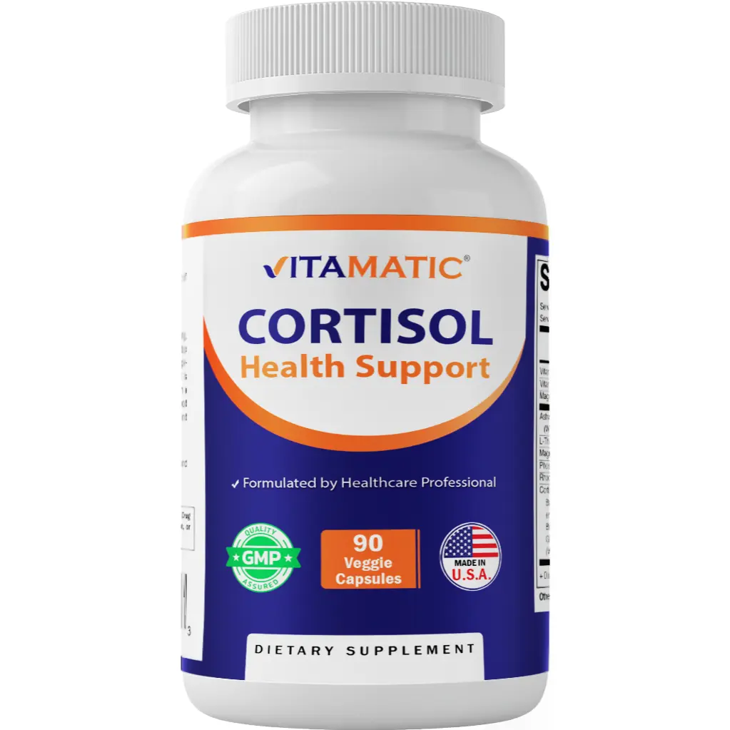 Vitamatic Cortisol Health Dietary Supplement - 90 Lactose-Free Veggie Capsules - Adaptogenic Blend with Ashwagandha, Rhodiola, Magnolia, L-Theanine, Phosphatidylserine - Made in U.S.A. - Self Care Products for Natural Wellness, Brain Health