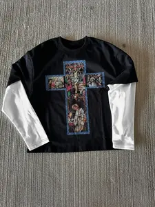 Men's Colorblock Cross Print 2 in 1 Long Sleeve Tee, Casual Comfy Round Neck T-shirt for Fall & Winter, Men's Top for Daily Wear