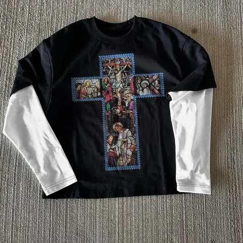 Men's Colorblock Cross Print Graphic 2 in 1 Long Sleeve Tee, Casual Comfy Stretch Round Neck Fashion Knitted T-shirt Knitwear for Fall & Winter, Men's Top for Daily Wear Fashion Knit Clothing