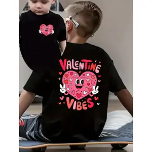 Boys' Fashion Short-Sleeve T-Shirt "VALENTINE VIBES" | Heart Cartoon Pattern Double-Sided Print, Casual Crew Neck, Summer Top for Children, Slight Stretch Fabric, NY-DX7459.