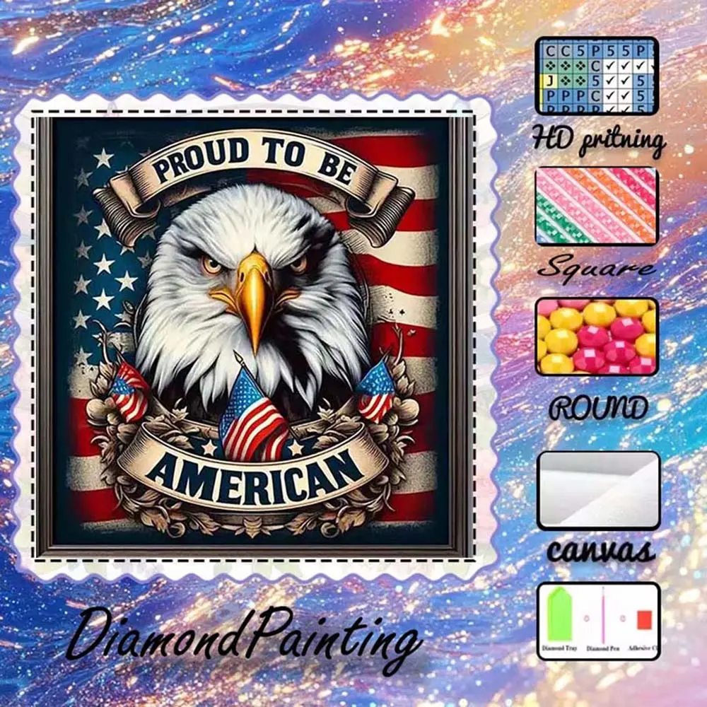 DIY 5D flocked cloth diamond painting kit, AB drills, fairy dust drills, crystal drills, eagle, flag, pride, diamond embroidery, special craft diamond art kit, wall decor, gift for family, loved ones, friends, Handicraft