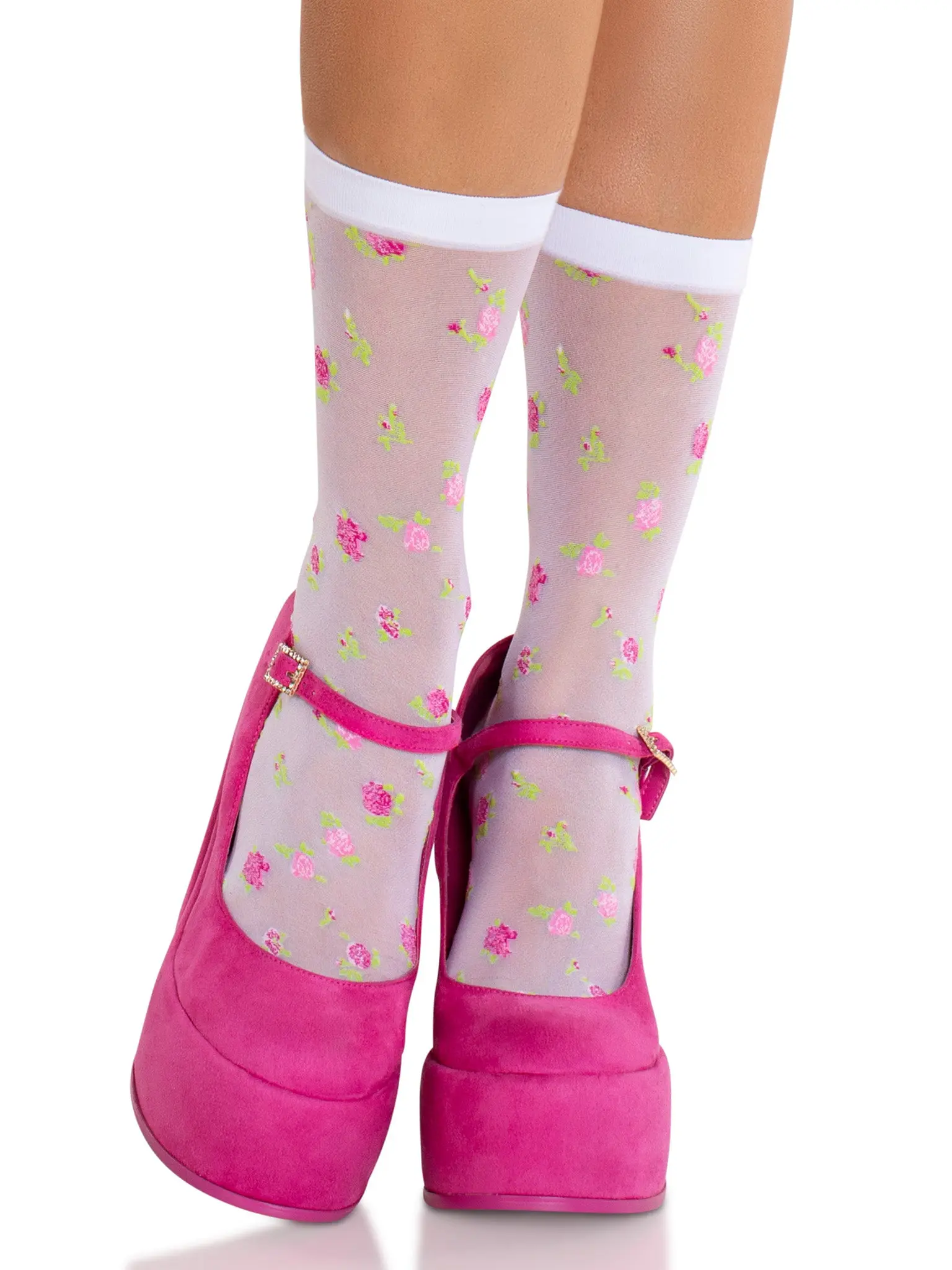 Leg Avenue Sheer Jacquard Rosette Crew Socks for Women, Ultra-Soft and Stretchy Spandex Hosiery Fabric, Embroidered, Do Not Bleach, Drip Dry, Lady, Ankle Socks