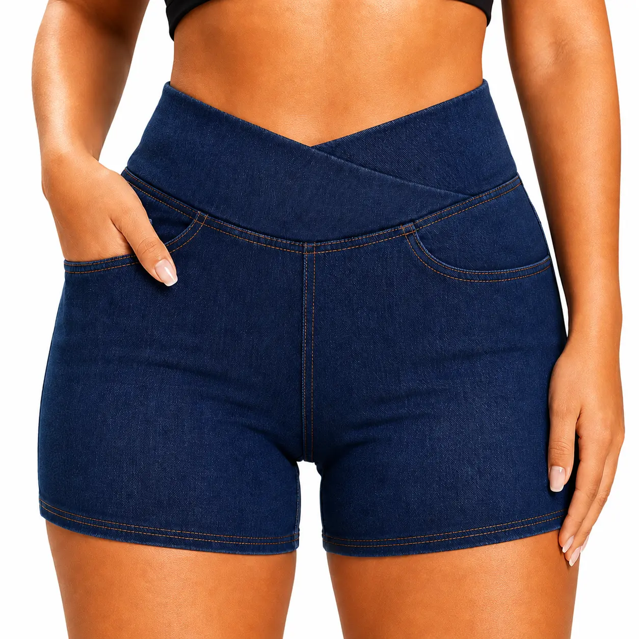 Avamo Crossover Waist Jean Shorts for Women, Ultra Stretchy High Rise Denim Shorts, Soft Summer Shorts with Pockets