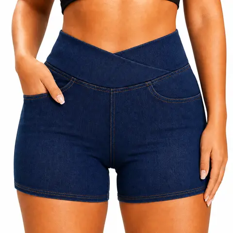Avamo Women's High-Rise Jean Shorts - 4-Way Stretch Crossover Waist Skinny Denim Bottoms with Pockets, Buttery Soft Festival Wear Above-the-Knee Summer Casual Shorts for Women