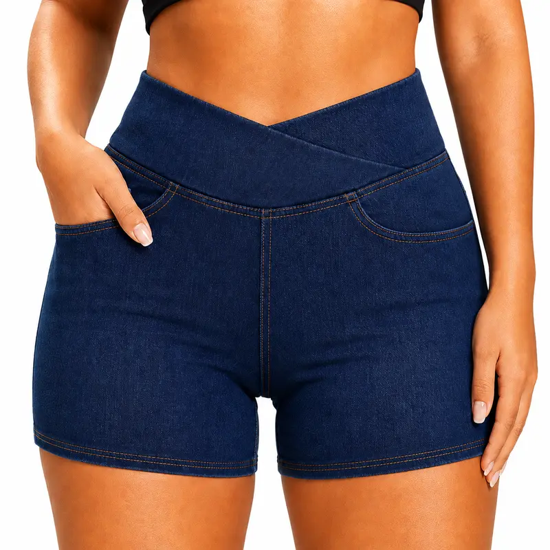 Avamo Women's High-Rise Jean Shorts - 4-Way Stretch Crossover Waist Skinny Denim Bottoms with Pockets, Buttery Soft Festival Wear Above-the-Knee Summer Casual Shorts for Women