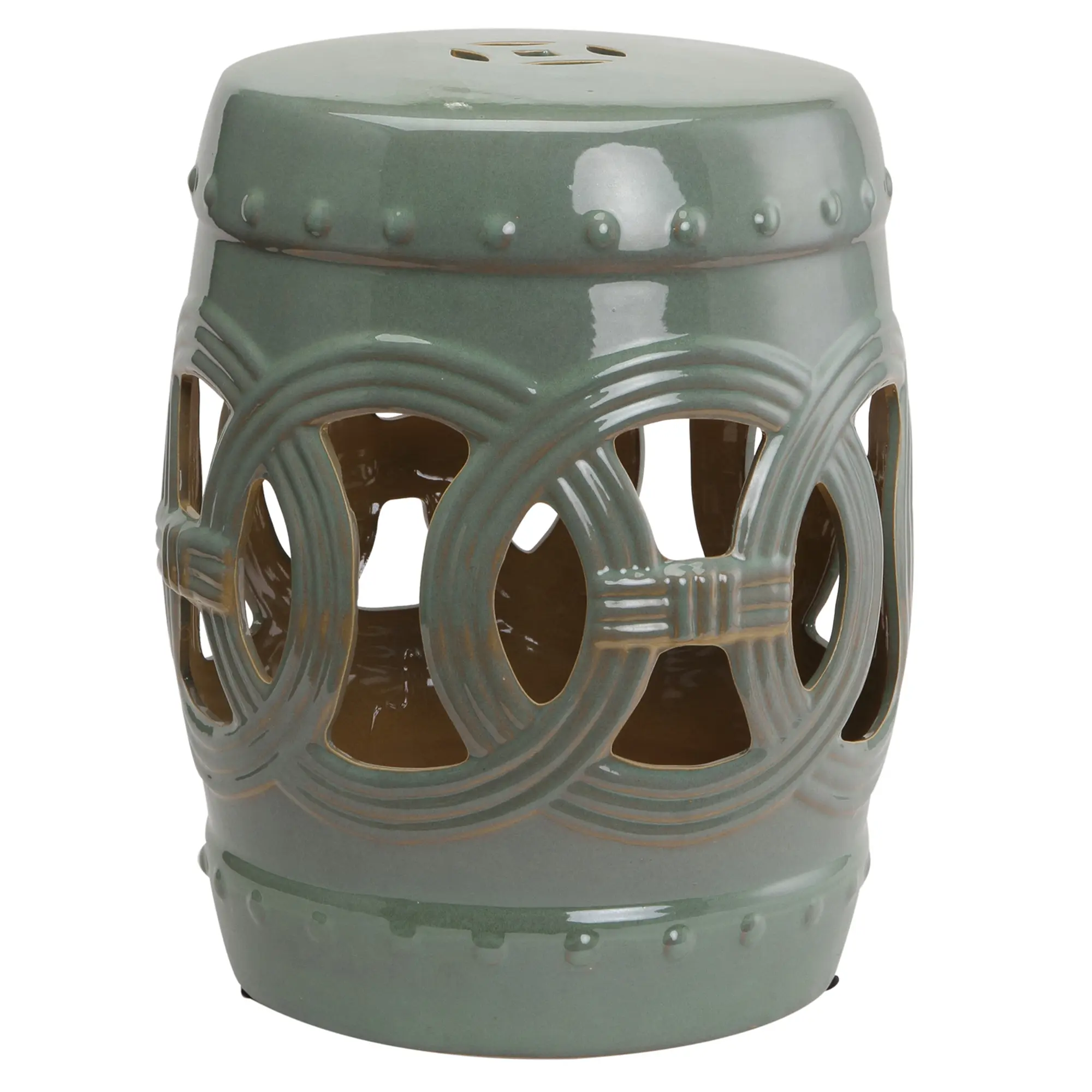 14" x 17" Ceramic Garden Stool with Double-Coin Knotted Ring Design – Glazed Decorative Outdoor Stool. Fired at 2,192°F. 300 lbs Capacity. Green