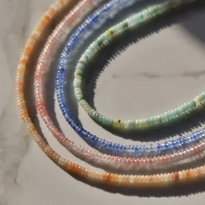 Rondelle Gemstone Beaded Necklace, Dainty Disc Gemstone Beaded Necklace, Waterproof Crystal Beaded Choker, Gold-Filled, Stainless Steel