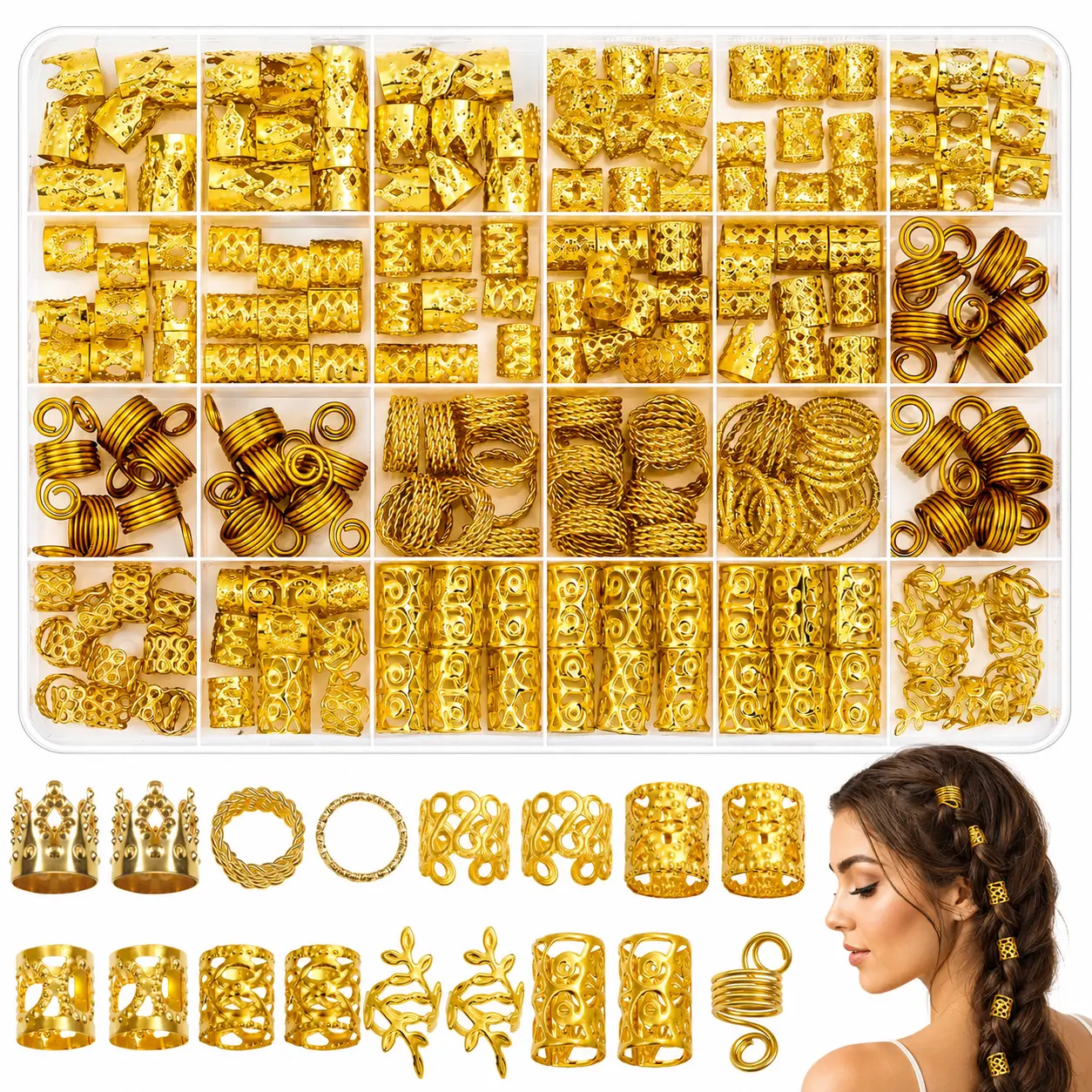 220PCS Gold Hair Jewelry for Braids, Loc Jewelry & Dreadlock Charms, Metal Braid Rings, Cuffs & Clips for Women, Hair Extensions & Decorations
