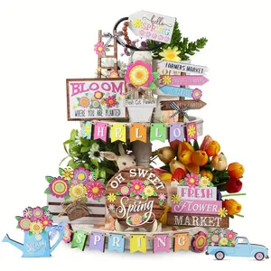 26-Piece Spring Flower Layered Plate Set, Wooden Table Decor, Farmhouse Tulip Easter Decoration, Home Ornament (no Tray Included)