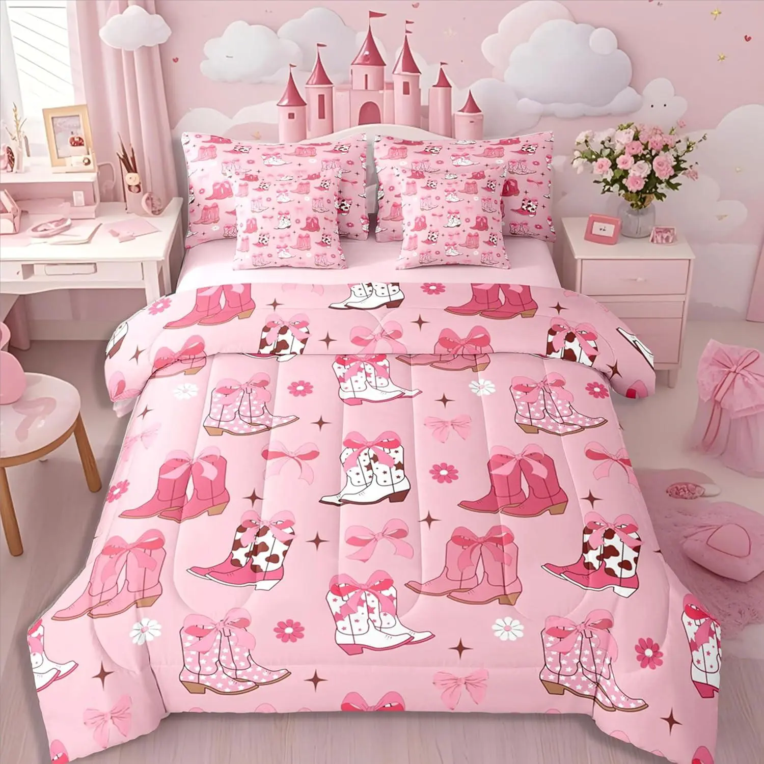 Feelyou 7-Piece Ultra Soft Fluffy Bedding Set - Quilt Bedding Set, Multi-Size, Sheets Included, Cowgirl Pink Bow, Cartoon Stars & Flowers Print, Vintage Western Hat & Boot Theme, for Girls (Christmas, Halloween)