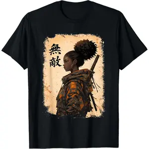 100%cotton Black Samurai Girl Anime Warrior Afro African Pride T-Shirt