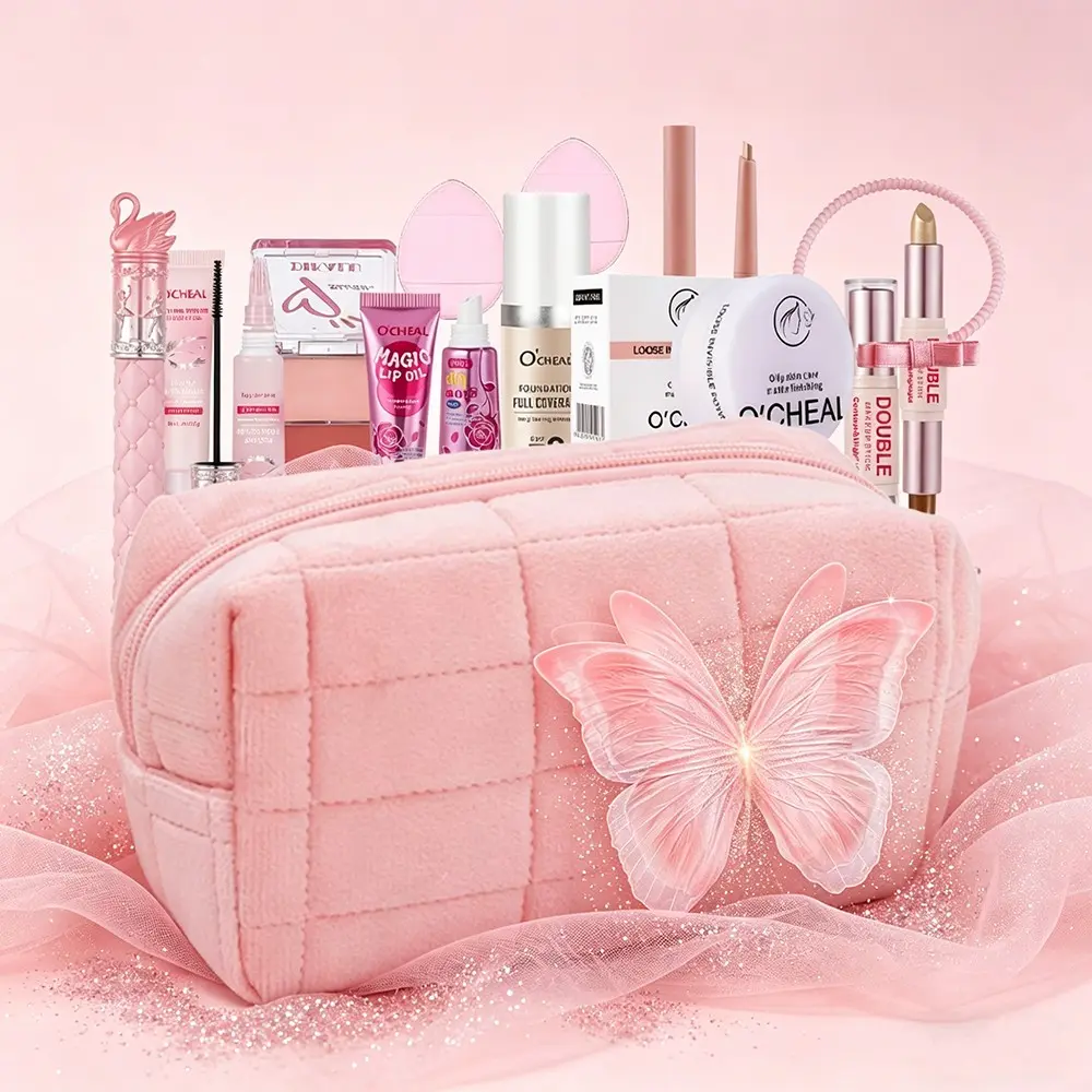 12pcs Makeup Set with Pink Cosmetic Pouch | Foundation, Setting Powder, 2-Tone Contour Stick, Under-Eye Brightener, Color-Changing Lip Oil, Dual Blush Palette, Brow Mascara, Mascara, Powder Puff, Hair Tie | Complete Beauty Kit for Festive & Anniversary