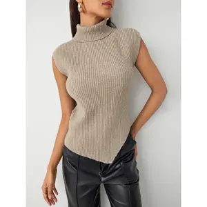 Cider Wool-blend Knit High Neck Solid Asymmetrical Vest