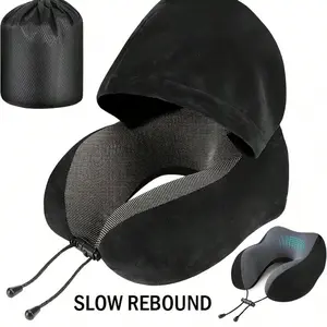 1 x Travel Neck Pillow with Hood for Blackout, 100% Pure Travel Neck Pillow with Storage Bag, Airplane Pillow for Travel, Car, Home, Office Use