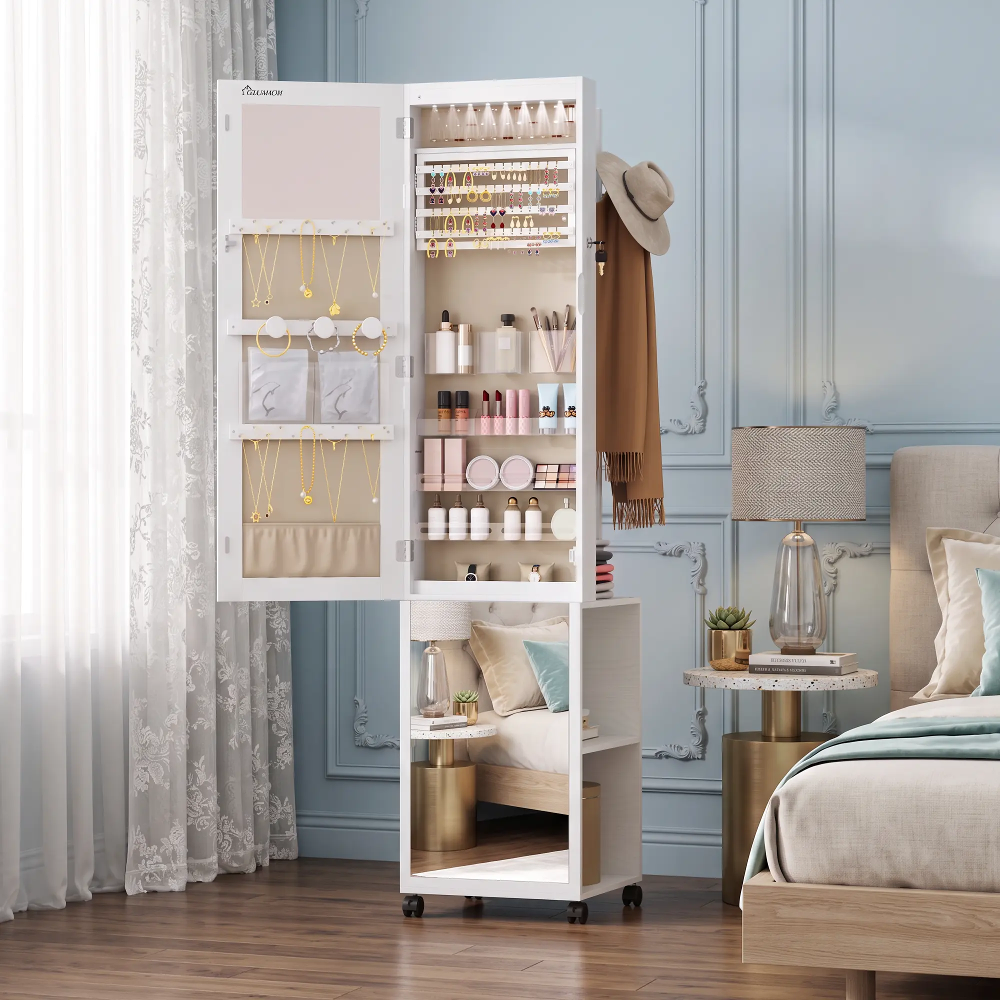 Hzuaneri 5-in-1 Lockable Jewelry Cabinet Armoire with 8 LED Lights, 66.9-in Full-Length Mirror, Garment Rack, Storage Shelves, Hooks, Engineered Wood Build, Key Lock, Included Keys & Lockable Wheels (White & Beige JC17003B)